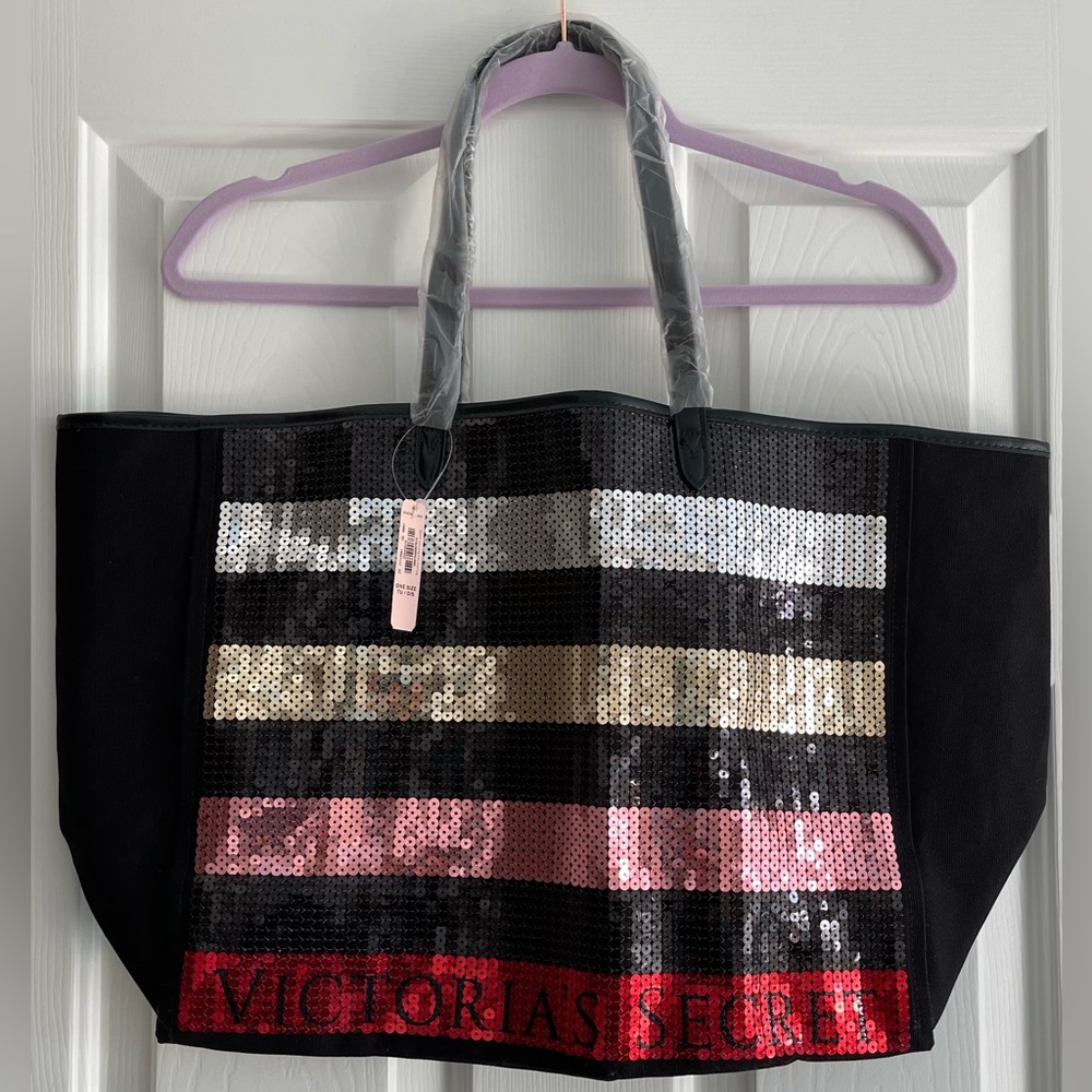 Victoria's Secret NWT Black Multi Color Sequins Striped Large Tote Bag 16” x 13”